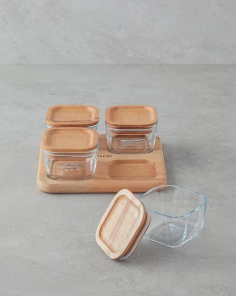 ظرف صبحانه 4 بخشی Pico شیشه‌ای با درب چوبی 21x21 سانتی‌متر شفاف