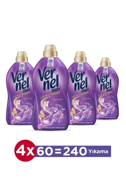 نرمکننده لباس Vernel Max کنسانتره ۴×۱۴۴۰ میلیلیتر (۲۴۰ بار شستشو) اسطوخودوس تازه
