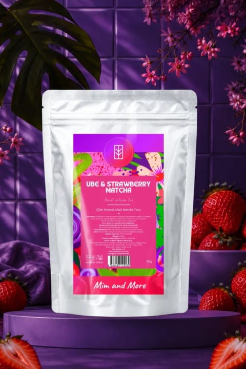 Mim and More Ube Strawberry Matcha - پودر سوپرفود Ube Matcha طعم توت‌فرنگی ۵۰ گرم