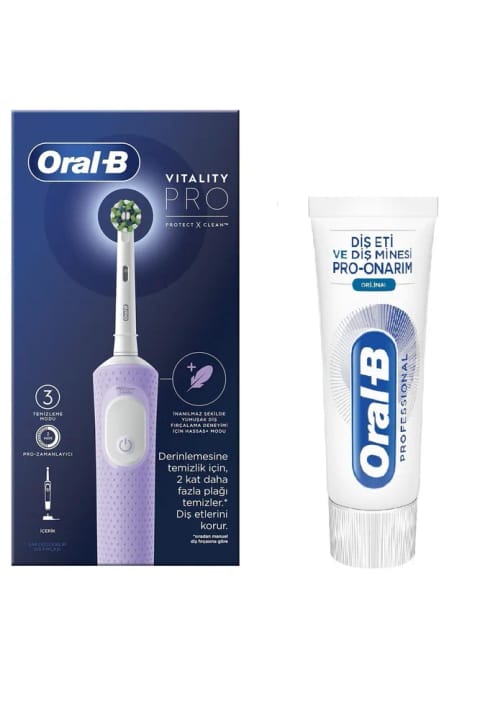 مسواک برقی Oral-B Vitality Pro بنفش + خمیردندان ترمیمی Pro 50 میلیلیتر