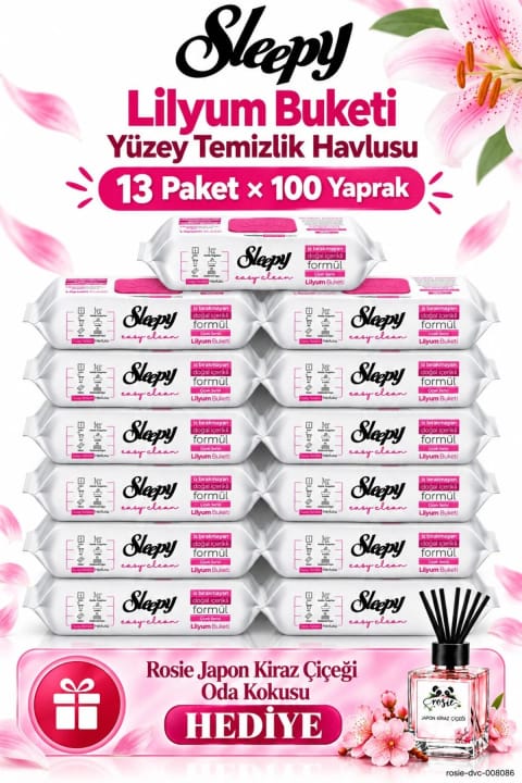 دستمال تمیزکننده سطوح Sleepy Easy Clean دستهگل Lilyum پک مگا ۱۳ عددی ۱۰۰ برگ
