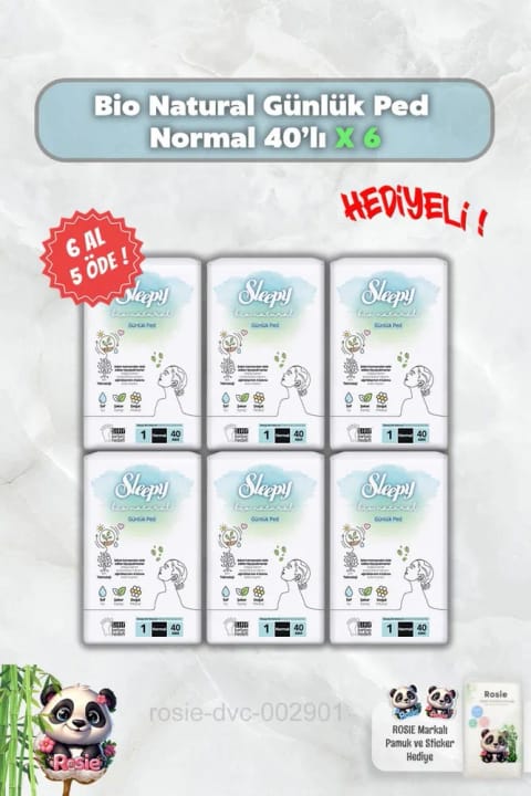 Sleepy Bio Natural پد روزانهٔ نرمال ۴۰ عددی — ۶ بسته، همراه هدیهٔ Rosie