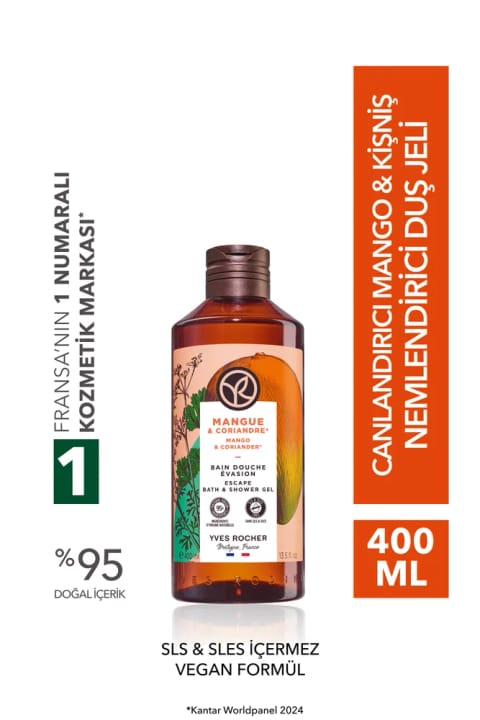 Yves Rocher دوش ژل مرطوب‌کننده و انرژی‌بخش مانگو و گشنیز