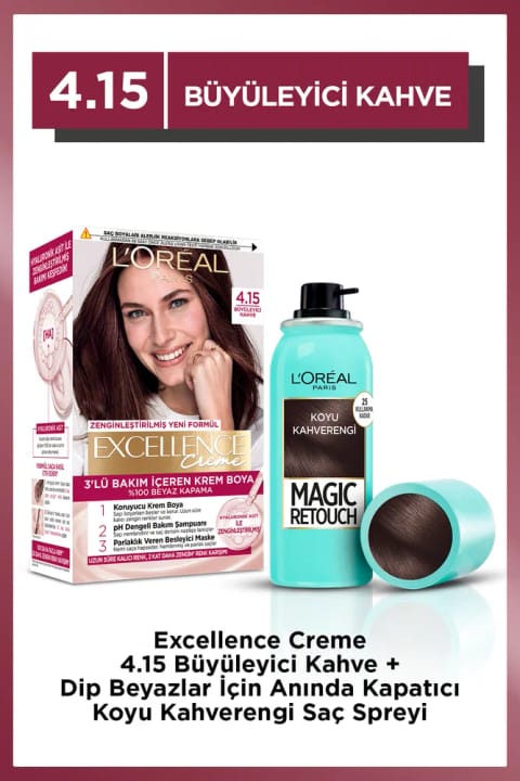 رنگ مو L'Oreal Paris Excellence Creme 4.15 قهوه‌ای جادویی + اسپری Magic Retouch