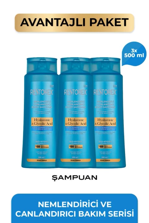 Restorex Hyaluronic Glycolic Acid شامپو مرطوبکننده و احیاکننده ۲×۵۰۰ میلیلیتر