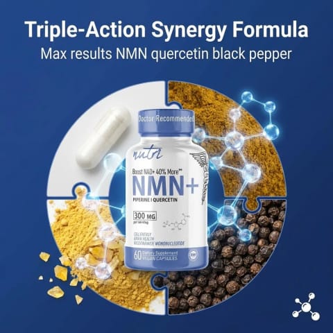 Nutri NMN+ 300mg NAD Nicotinamide Mononucleotide، ۴۰٪ NAD+ بیشتر با Quercetin ۶۰ کپسول