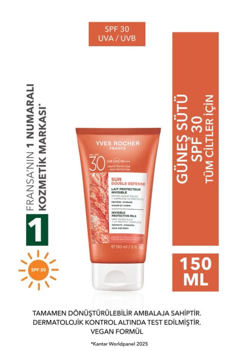 Yves Rocher لوسیون ضد آفتاب صورت و بدن SPF 30 / Sun Double Defense - قرمز م...