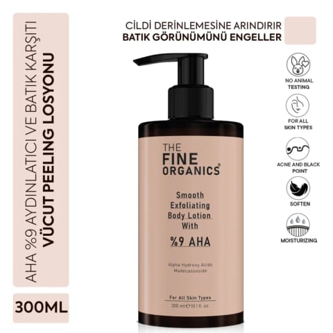The Fine Organics AHA %9 لوسیون لایه‌بردار بدن ضد آکنه، لک، تیرگی و موهای زیر پوستی 300 میلی‌لیتری