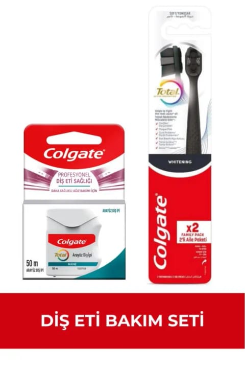 نخ دندان بین‌دندانی Colgate Total ۵۰ متر + مسواک Total Whitening ۱+۱ محافظ لثه