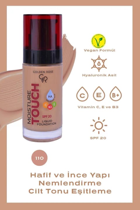 Golden Rose کرم پودر مایع مرطوبکننده Moisture Touch shade 110 با Hyaluronic Acid