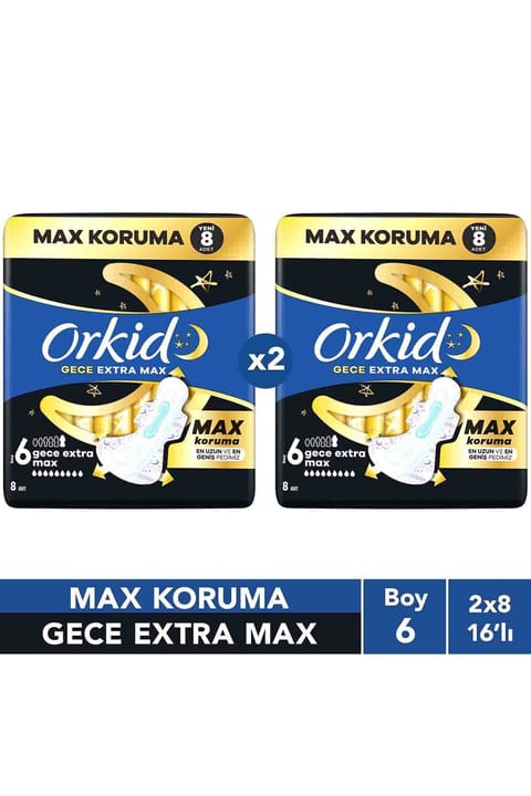 Orkid Ultra شب Extra Max (سایز 6) 8 عدد نوار بهداشتی x2