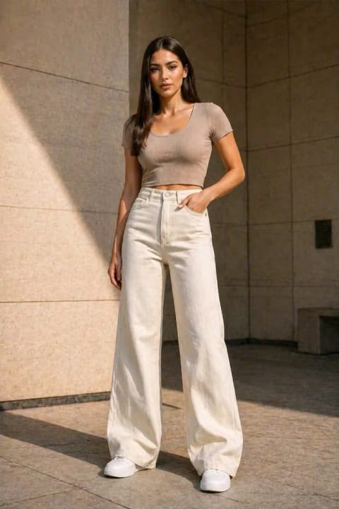 Livik Lussi 90's زنانه بژ با کمر فوق‌العاده بالا و پاچه گشاد جین لیکرا دار...