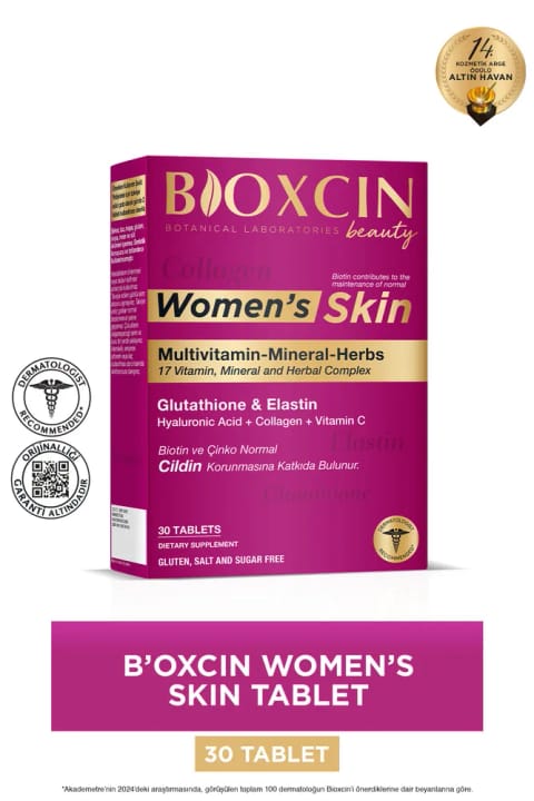 Bioxcin Women's Skin 30 قرص - گلوتاتیون، الاستین، بیوتین، زینک، کلاژن، هیالورونیک اسید