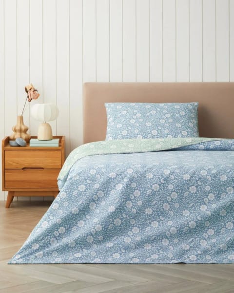 ست ملحفه Floria یک نفره با ملحفه تخت، آسان‌اتو، 160x220 سانتی‌متر، آبی - سبز
