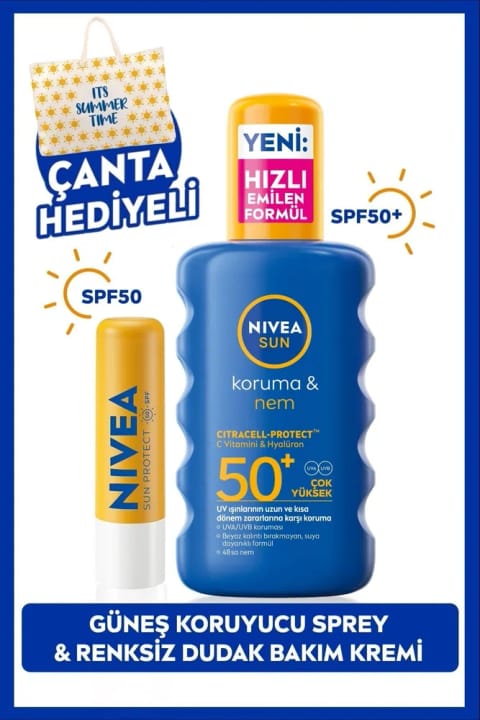 NIVEA SUN SPF50+ ضدآفتاب اسپری بدنه ۲۰۰ml و مرطوب‌کننده بی‌رنگ...