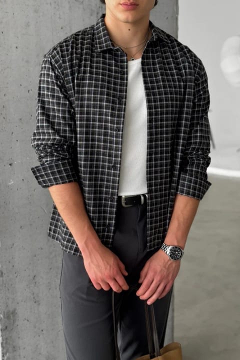 پیراهن چهارخانه مردانه مدل Oversize رنگ مشکی