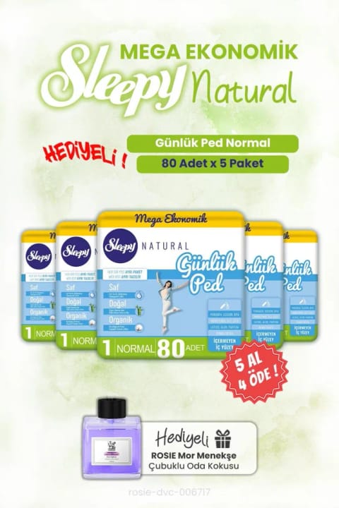 Sleepy Natural پد روزانهٔ نرمال ۸۰ عددی — ۵ بسته، همراه خوشبوکنندهٔ هوای Rosie
