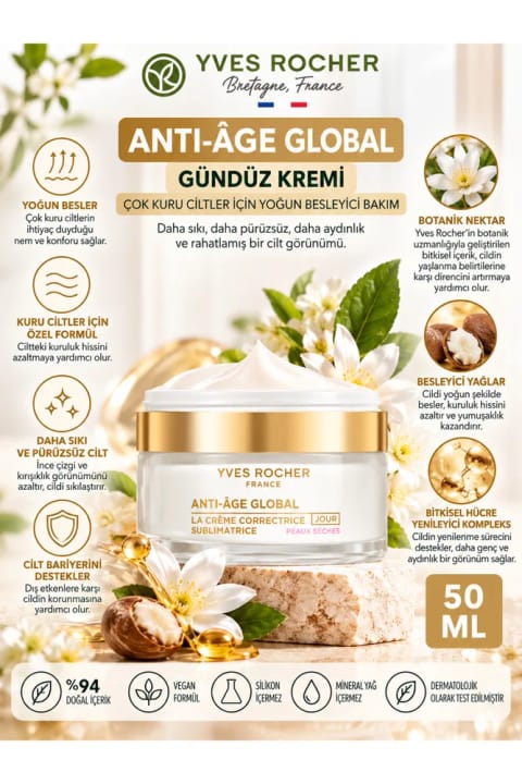 Yves Rocher Anti Age Global ۵۰ ml – برای پوستهای خیلی خشک، ضدچینوچروک...