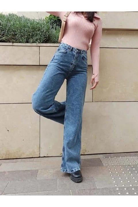 شلوار زنانه اسلش لی کرهای مدل 90s کمر فوقالعاده بالا رنگ آبی متوسط DRC trend