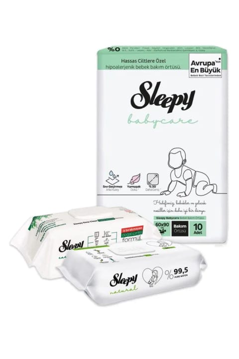 Sleepy ست مراقبت از نوزاد (ملحفه تعویض ۱۰ عددی، دستمال مرطوب ۹۰ عددی و حوله تمیزکننده)