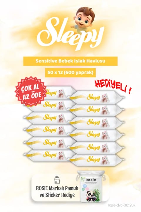 Sleepy Sensitive 12 بسته دستمال مرطوب 50 عددی و Rosie