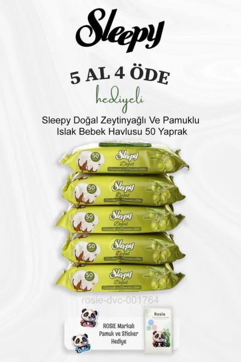 Sleepy دستمال مرطوب نوزاد با روغن زیتون و الیاف پنبهای ۵۰ عددی (۵ عدد بخر ۴ عدد پرداخت کن)