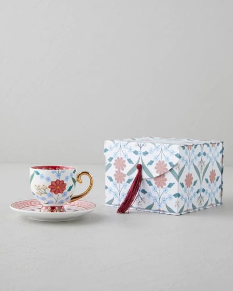 ست فنجان قهوه ۴ پارچه ۲ نفره Nostalgic Wildflower New Bone China ۱۰۰ میلی‌لیتر آبی – زرشکی
