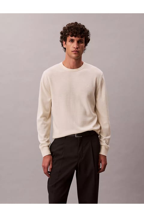 پلیور یقه گرد بافت ریب مردانه Calvin Klein با لوگوی CK، ۱۰۰٪ پشم، الگوی استاندارد — Beyaz Lv