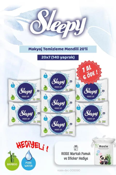 Sleepy دستمال پاک‌کنندهٔ آرایش ۲۰ عددی — ۷ بسته، همراه پنبهٔ کودک Rosie