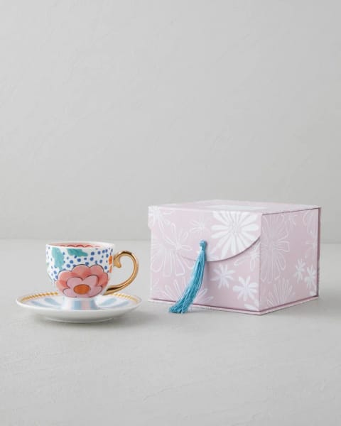 ست فنجان قهوه ۴ پارچه ۲ نفره New Bone China طرح Nostalgic Cherry حجم ۱۰۰ میلی‌لیتر رنگی