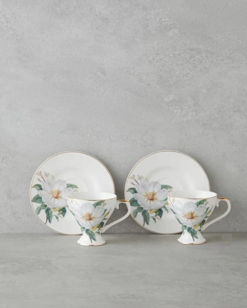 ست فنجان قهوه ۴ پارچه ۲ نفره Garden Lovely New Bone China ۹۰ میلی‌لیتر سبز-سفید