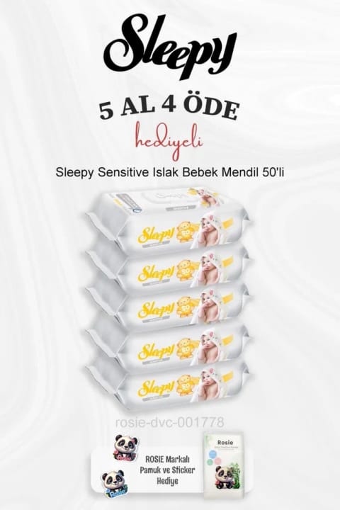 Sleepy Sensitive دستمال مرطوب کودک ۵۰ عددی — ۵ بسته، همراه پنبهٔ Rosie