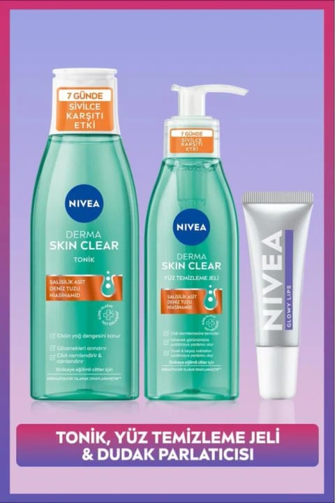 NIVEA Derma Skin Clear 7 روزه ضد جوش تونر، ژل شستشوی صورت و بالم لب
