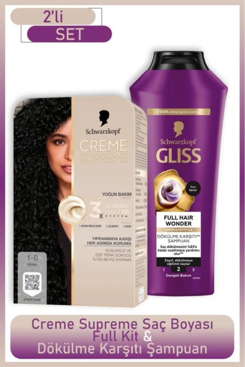 Schwarzkopf Creme Supreme Full Kit 1-0 مشکی + Gliss Full Hair Wonder ضد ریزش مو