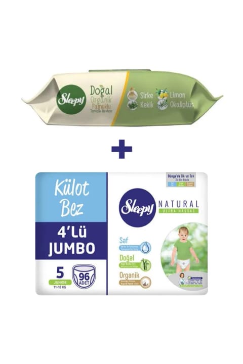 Sleepy 5 Numara شکلی پوشک بچه 96 عددی + Sleepy دستمال مرطوب طبیعی 50 عددی