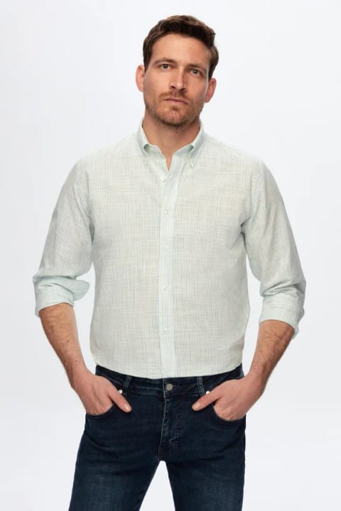 پیراهن کتان تابستانی D'S Damat مدل Slim Fit راهراه سبز ۱۰۰٪ پنبه
