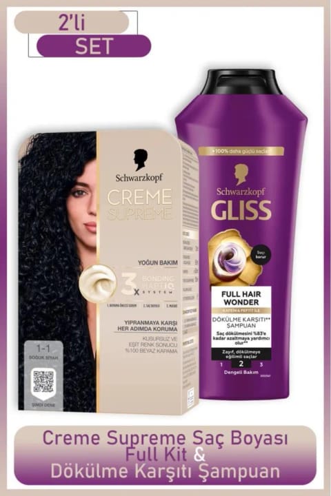 Schwarzkopf Creme Supreme کیت کامل 1-1 مشکی سرد + Gliss Full Hair Wonder S...