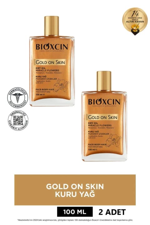 Bioxcin Gold On Skin روغن خشک درخشان طلایی برای مو، صورت و بدن (2×100 میلی‌لیتر)