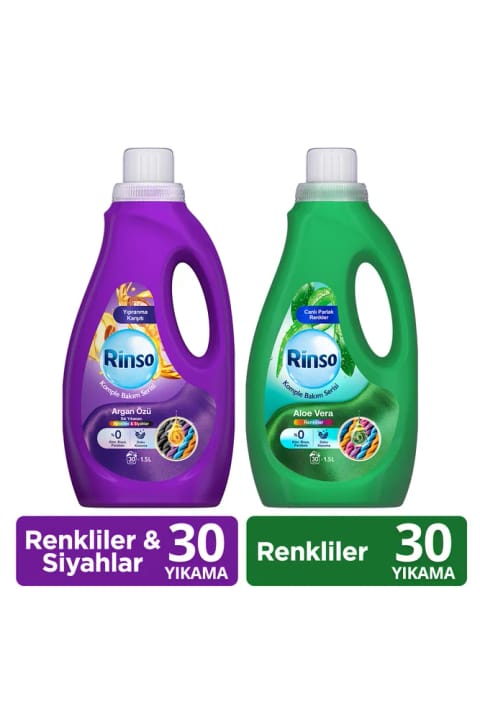 Rinso مایع آرگان رنگها و مشکی ۱.۵ لیتر + مایع آلوئهورا رنگها