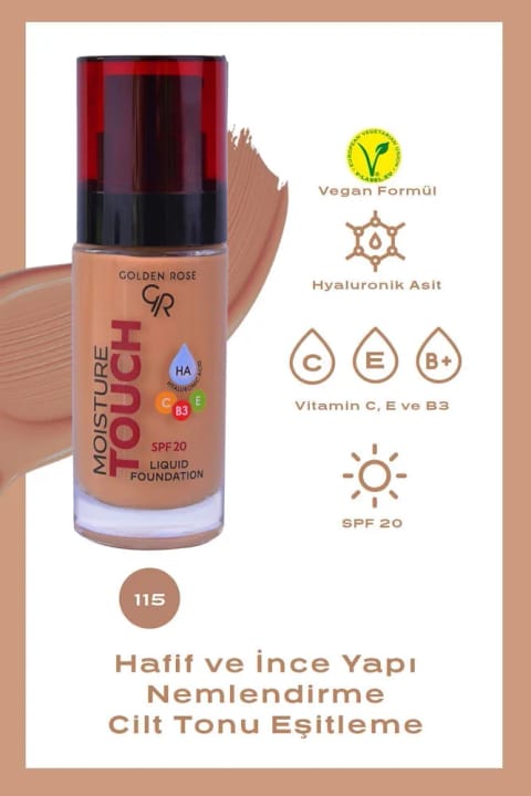 گلدن رز مویستور تاچ فاندیشن شماره 115 - مرطوبکننده با Hyaluronic Acid