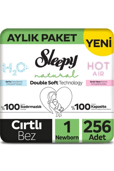 Sleepy Natural Double Soft بسته ماهانه پوشک نوزاد سایز ۱ نیوبرن ۲۵۶ عددی