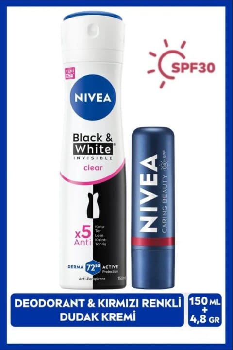 NIVEA SPF30 مرطوبکننده بالم لب قرمز و دئودورانت اسپری زنانه Black&White