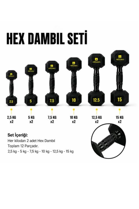 Rebuwo Hex دمبل ست 2.5-15 کیلوگرم – 12 قطعه ست وزنه حرفه‌ای
