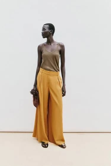 Zara شلوار پارچه‌ای کتان با پاچه گشاد