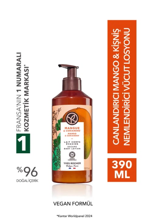 Yves Rocher لوسیون بدن انبه و گشنیز 390 میلیلیتر - مغذی و مرطوبکننده با عصاره طبیعی