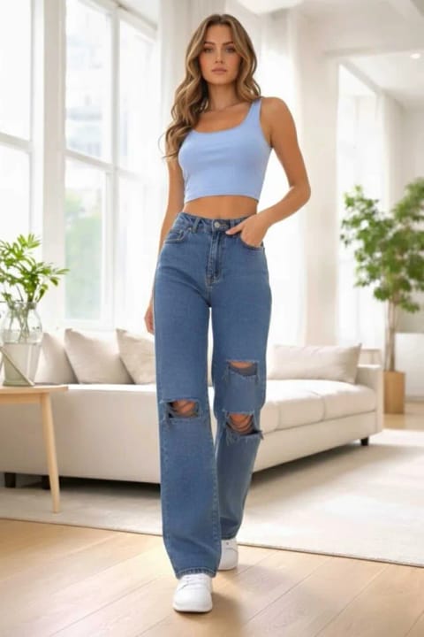 Lighter Jeans شلوار جین زنانه نرم با ۳ بریدگی، آبی متوسط، کمر خیلی بالا، لیکرا دار و پاچه گشاد