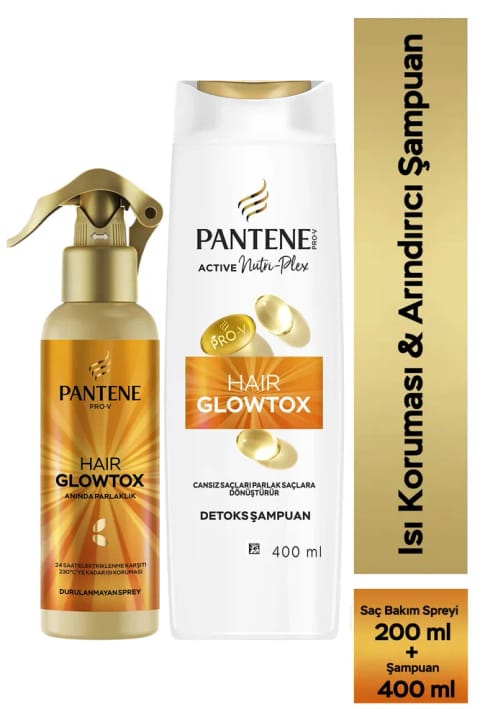شامپو پاک‌کننده Pantene Pro-V Glowtox و اسپری محافظ حرارتی مو بدون آبکشی