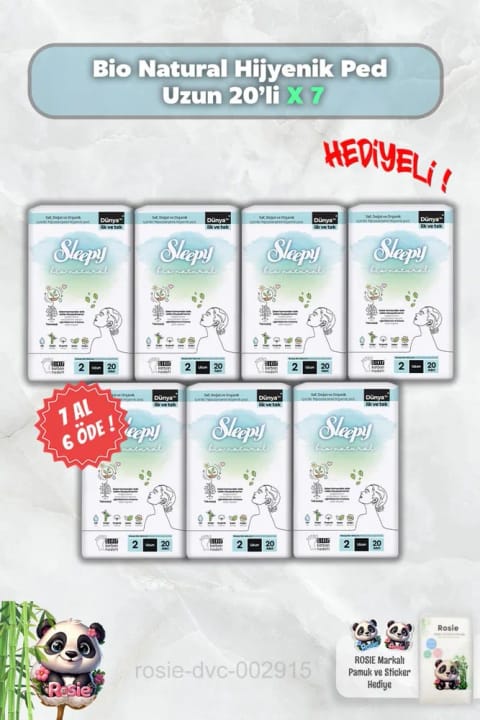 Sleepy Bio Natural نوار بهداشتی بلند ۲۰ عددی — ۷ بسته، همراه هدیهٔ Rosie