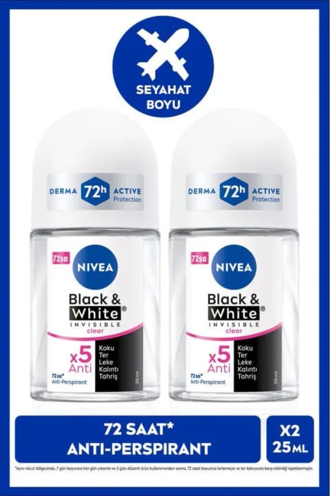 NIVEA رول‌آن زنانه Black&White Invisible Clear 25ml، محافظت 72 ساعته