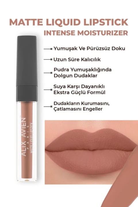 Alix Avien رژ لب مایع مات بلند ماندگار با بافت مخملی و بدون خشکی — 501 Caramel Nude
